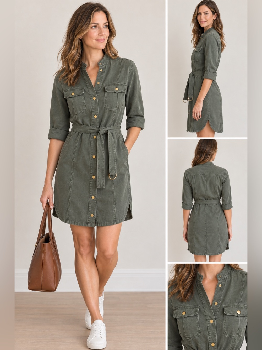 White House Black Market washed Teal Utility/Safari Shirtdress with Tie Waist